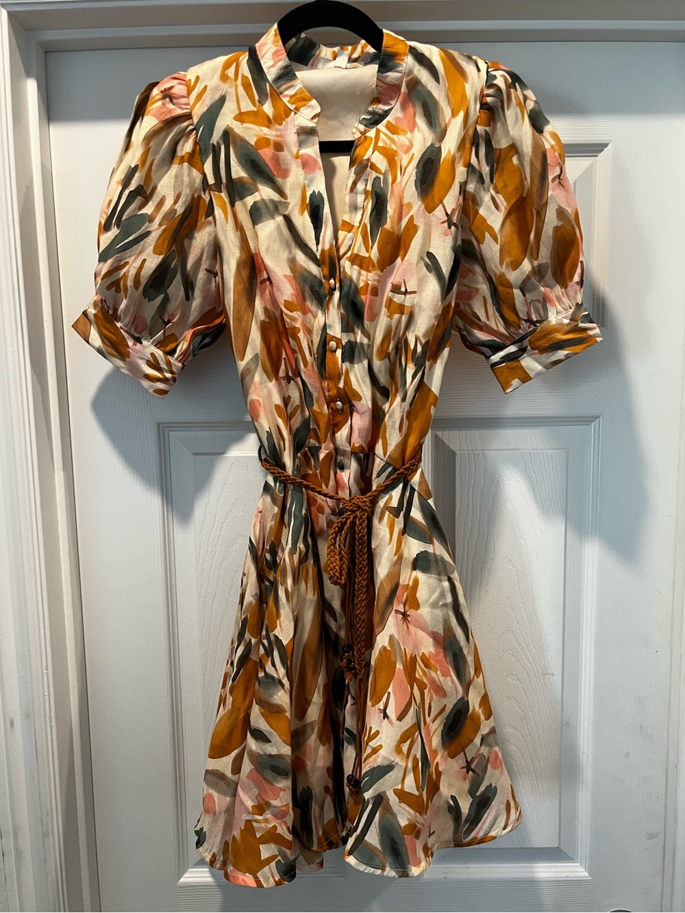 Floral Tie-Waist Short Dress in Mustard and Pink - Picture 3 of 5